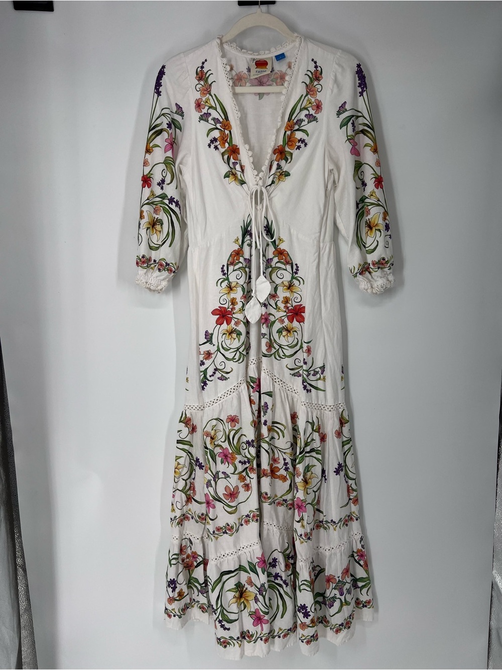 Farm Rio White Linen Long Sleeve Floral Tropical Tie Waist Cut Out Maxi Dress S